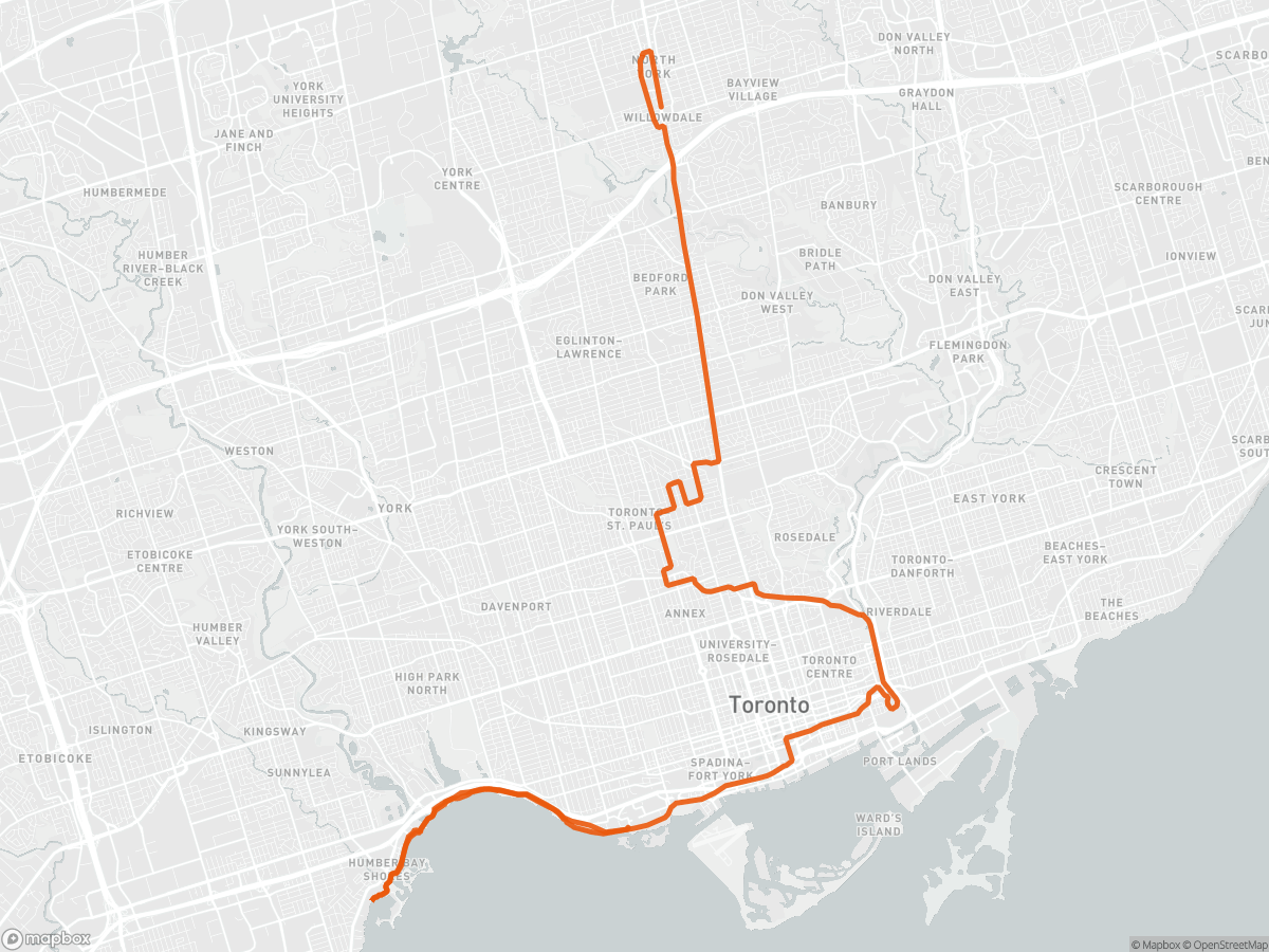 Routekaart van het parcours van de Toronto Marathon in Toronto, 26,2 mi
