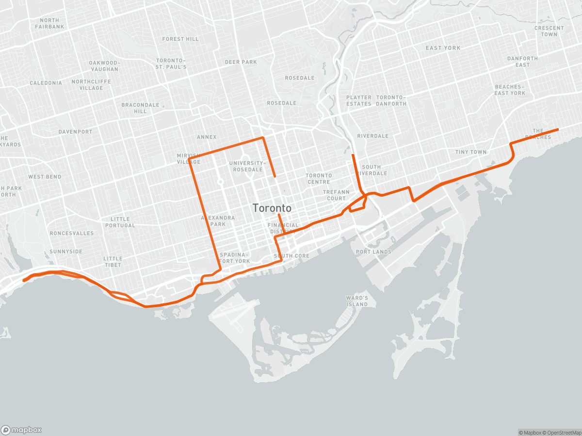Route map of the Toronto Waterfront Marathon course in Toronto, 42.2 km