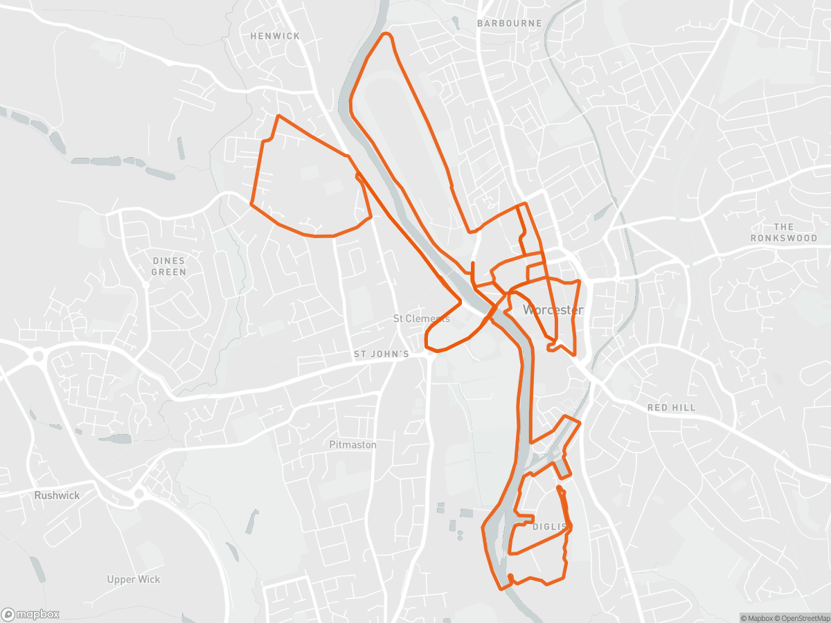 Route map of the Worcester Half Marathon course in Worcester, 21.1 km